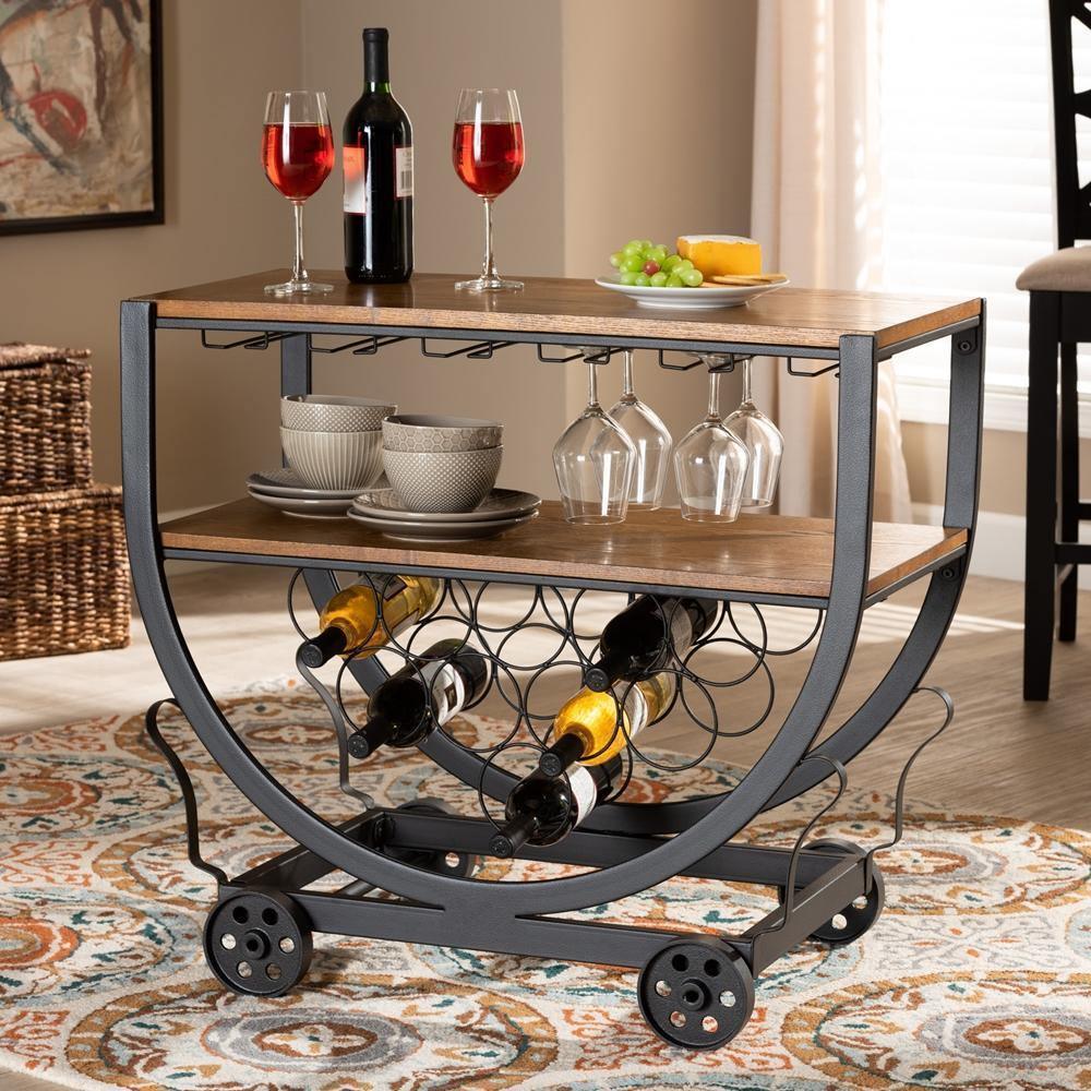 Triesta Antiqued Vintage Industrial Metal And Wood Wheeled Wine Rack Cart FredCo