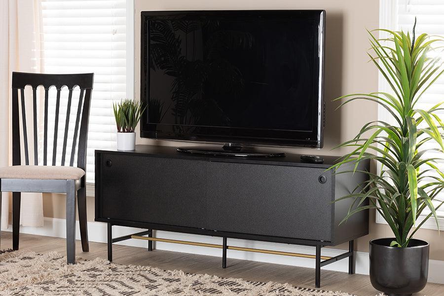 Truett Modern Dark Brown Finished Wood and Two-Tone Black and Gold Metal TV Stand FredCo