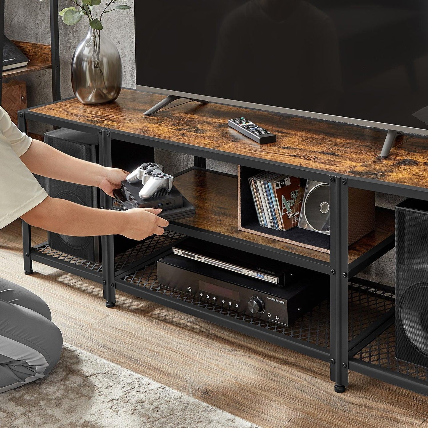 TV Console with Open Storage Shelves, Brown and Black FredCo