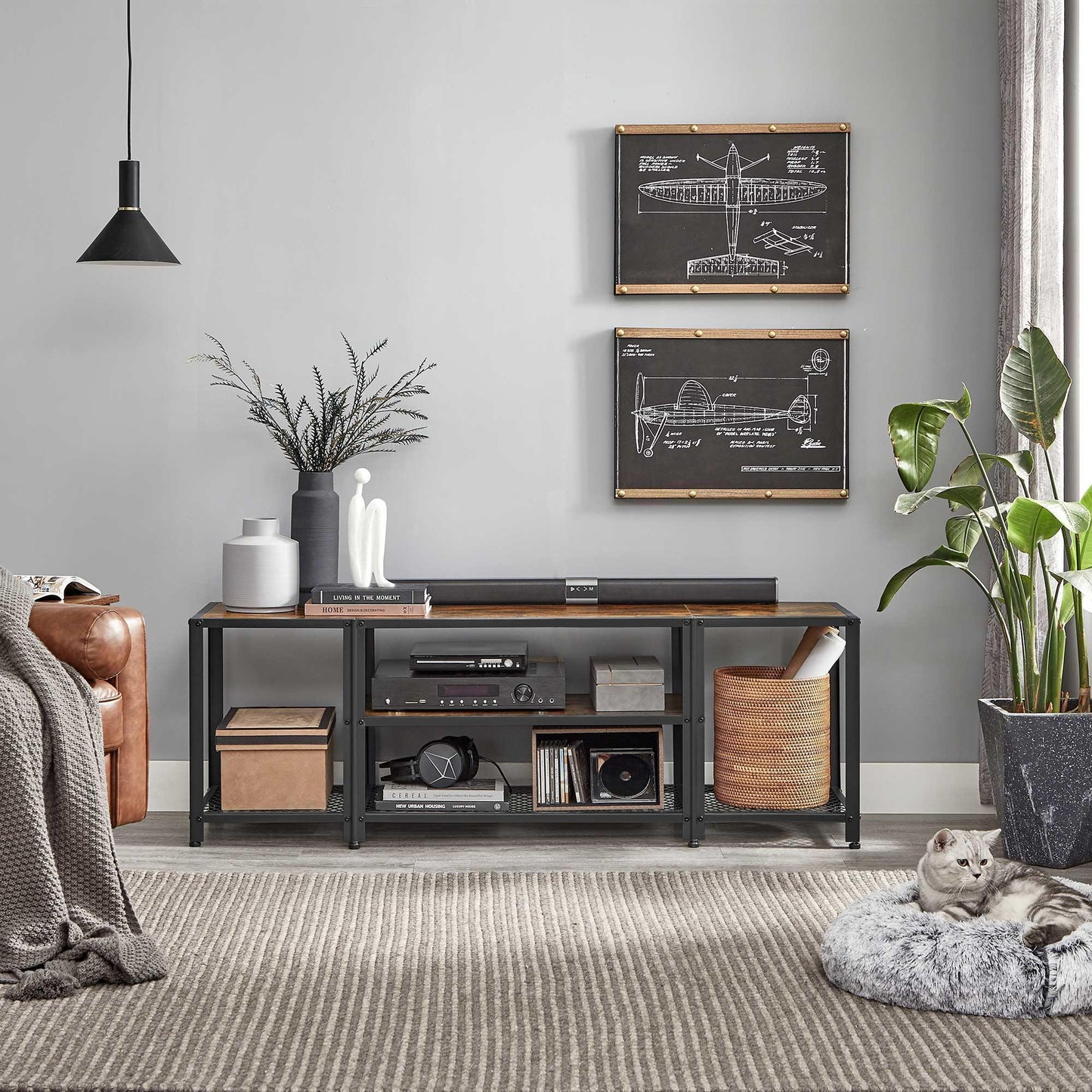 TV Console with Open Storage Shelves, Brown and Black FredCo