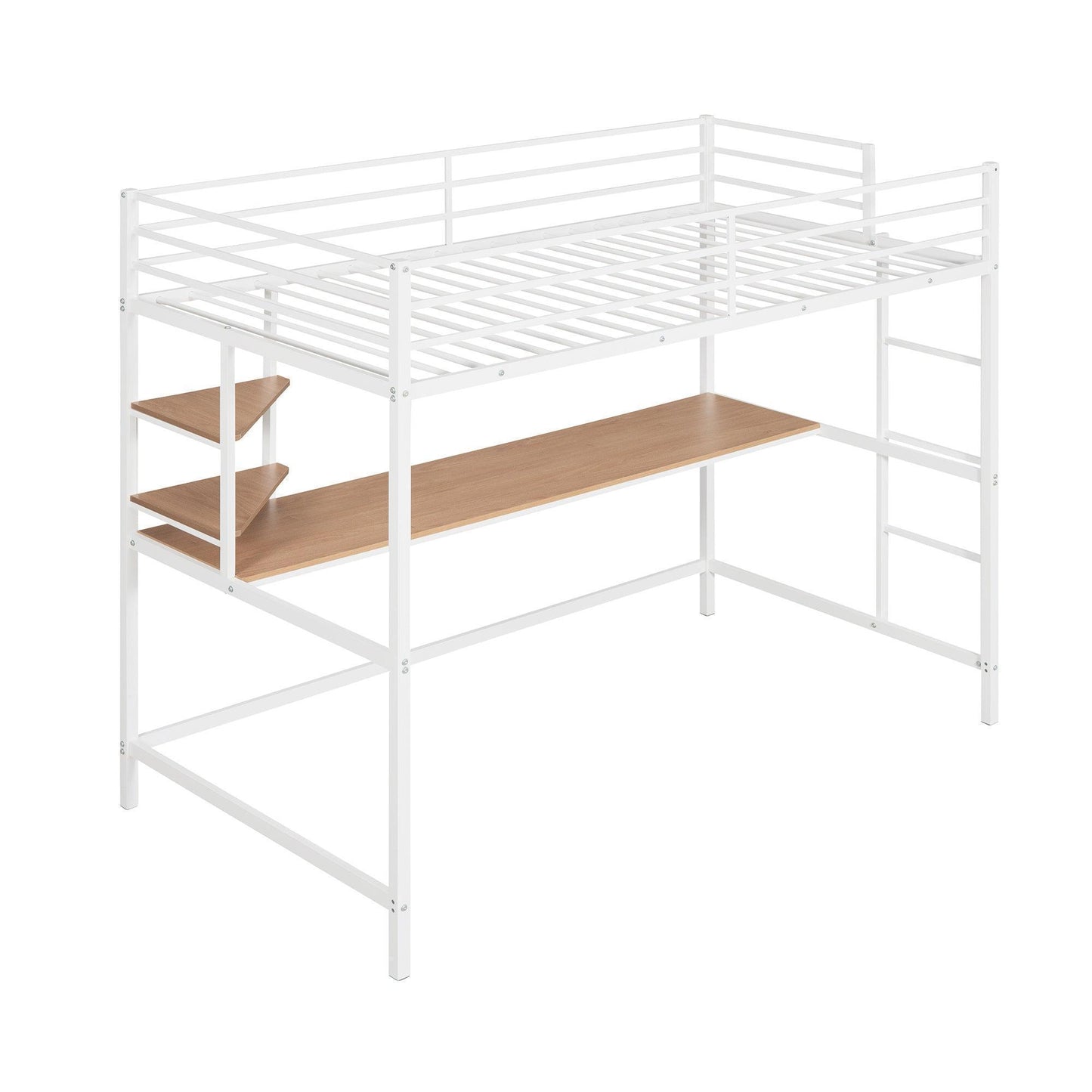 Twin Metal Loft Bed with Desk and Shelve,White MF292491AAK FredCo