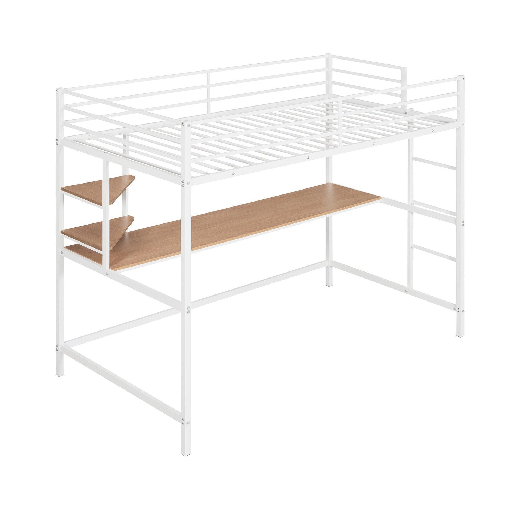 Twin Metal Loft Bed with Desk and Shelve,White MF292491AAK FredCo