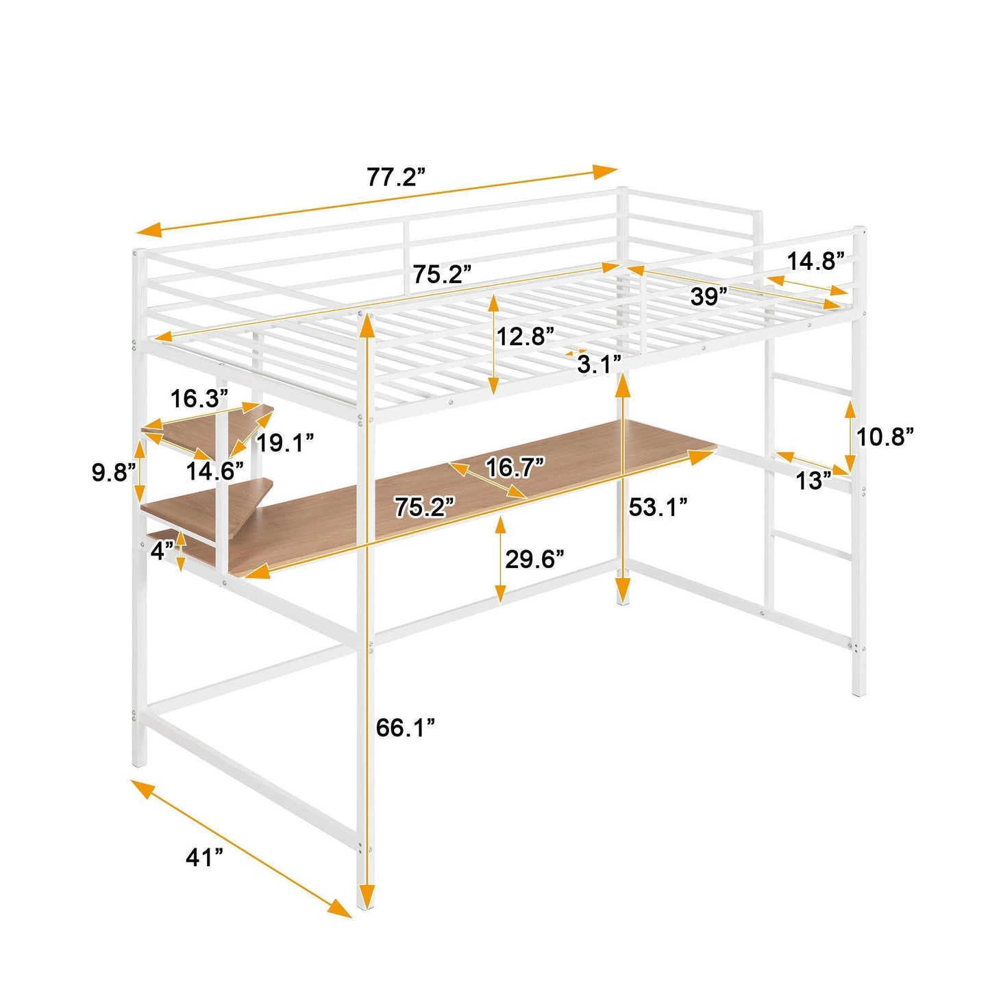Twin Metal Loft Bed with Desk and Shelve,White MF292491AAK FredCo