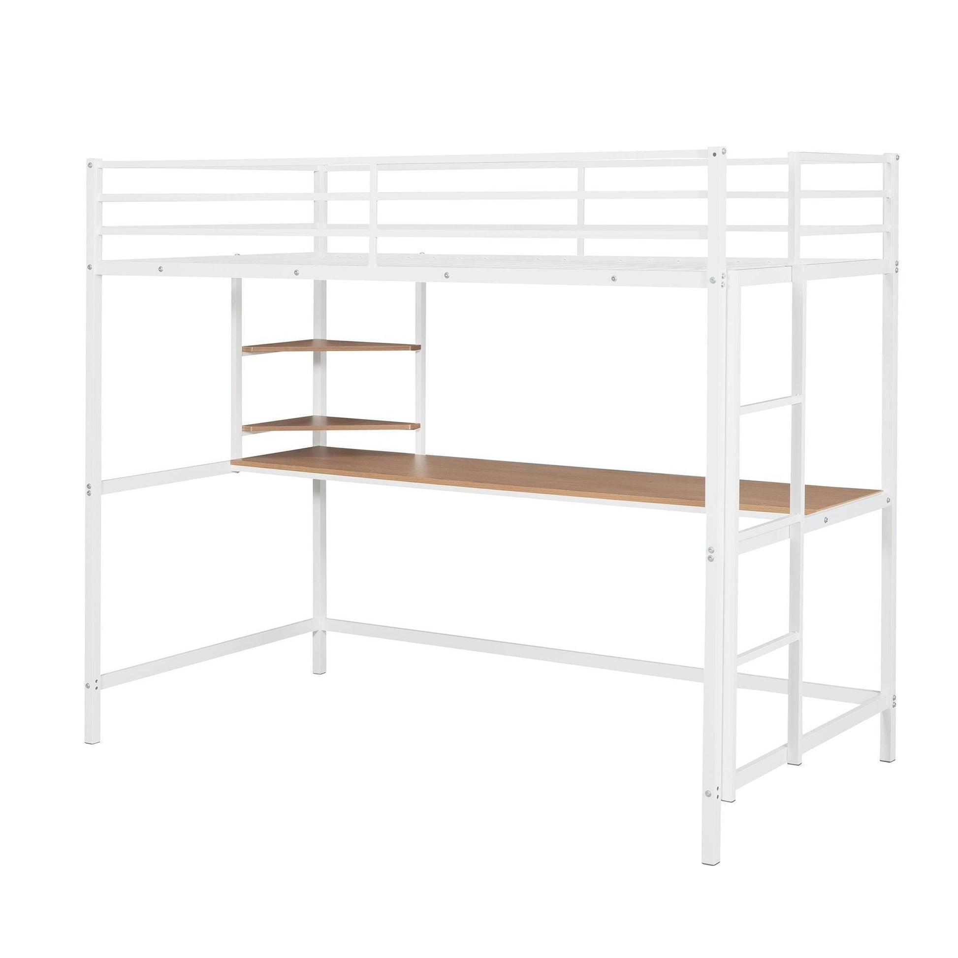 Twin Metal Loft Bed with Desk and Shelve,White MF292491AAK FredCo