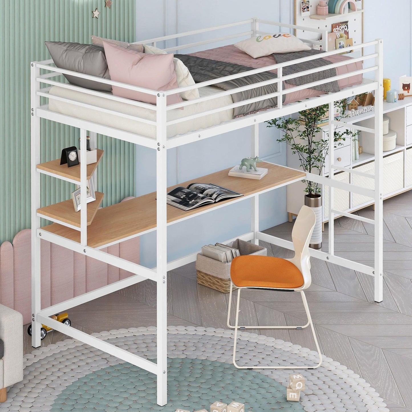 Twin Metal Loft Bed with Desk and Shelve,White MF292491AAK FredCo
