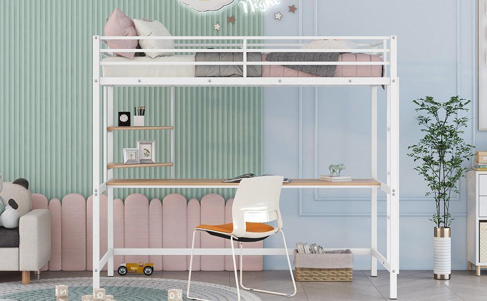 Twin Metal Loft Bed with Desk and Shelve,White MF292491AAK FredCo