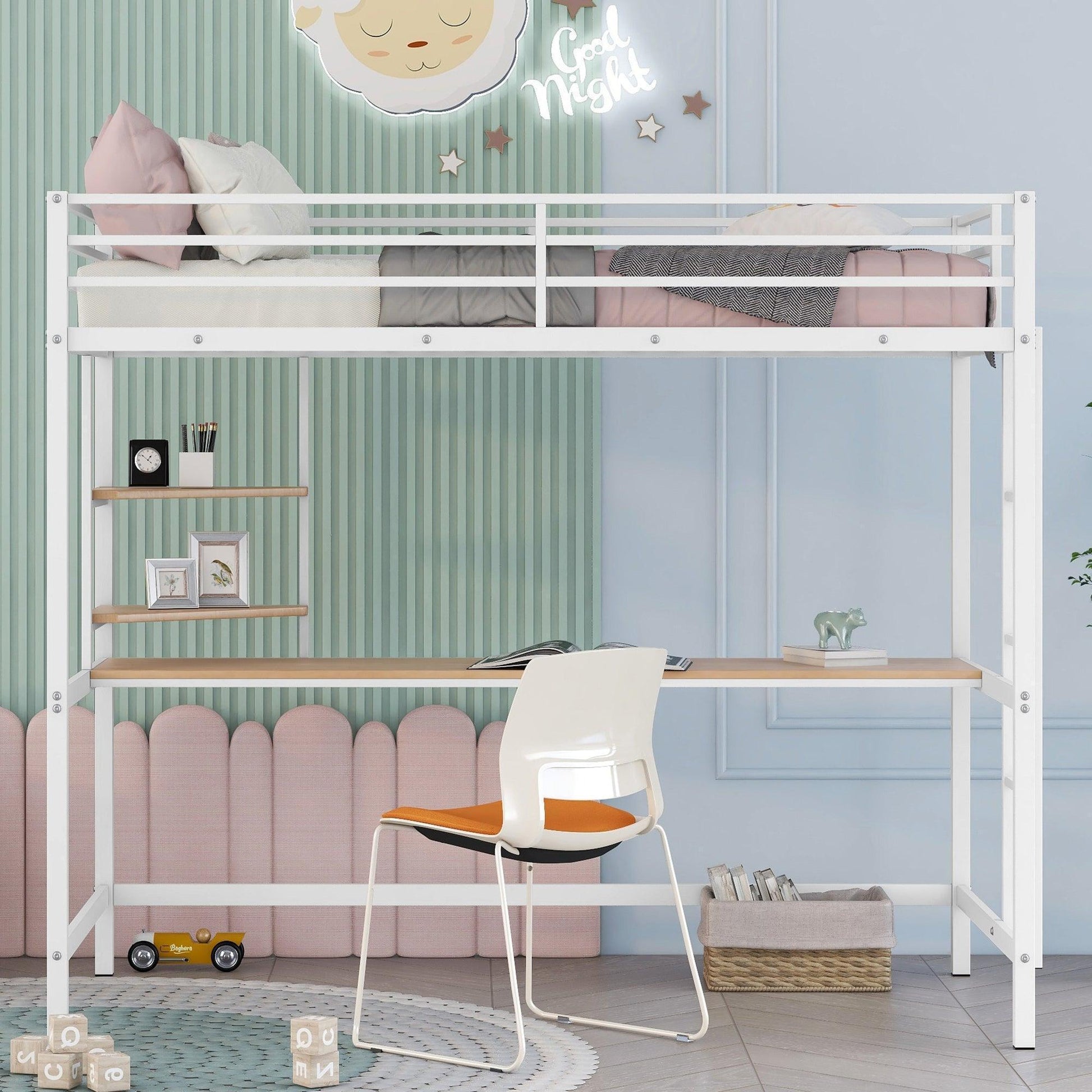 Twin Metal Loft Bed with Desk and Shelve,White MF292491AAK FredCo