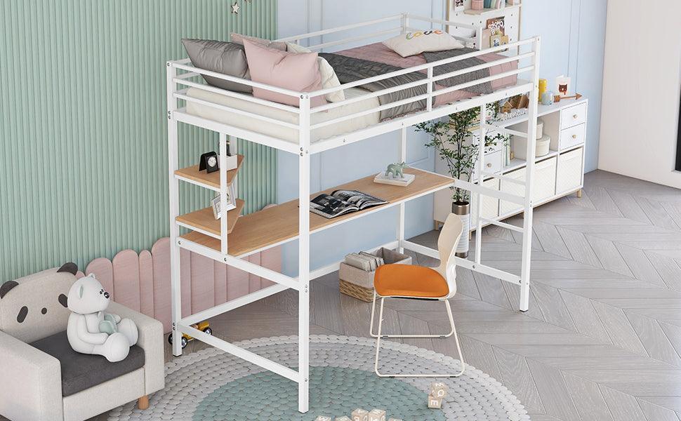 Twin Metal Loft Bed with Desk and Shelve,White MF292491AAK FredCo