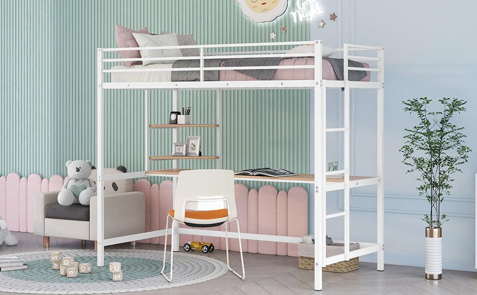 Twin Metal Loft Bed with Desk and Shelve,White MF292491AAK FredCo