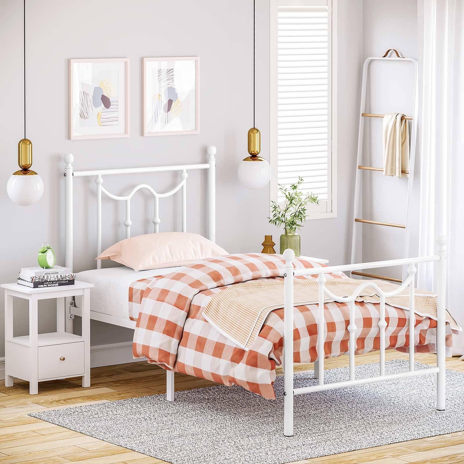 Twin Size Metal Bed Frame with Headboard White FredCo
