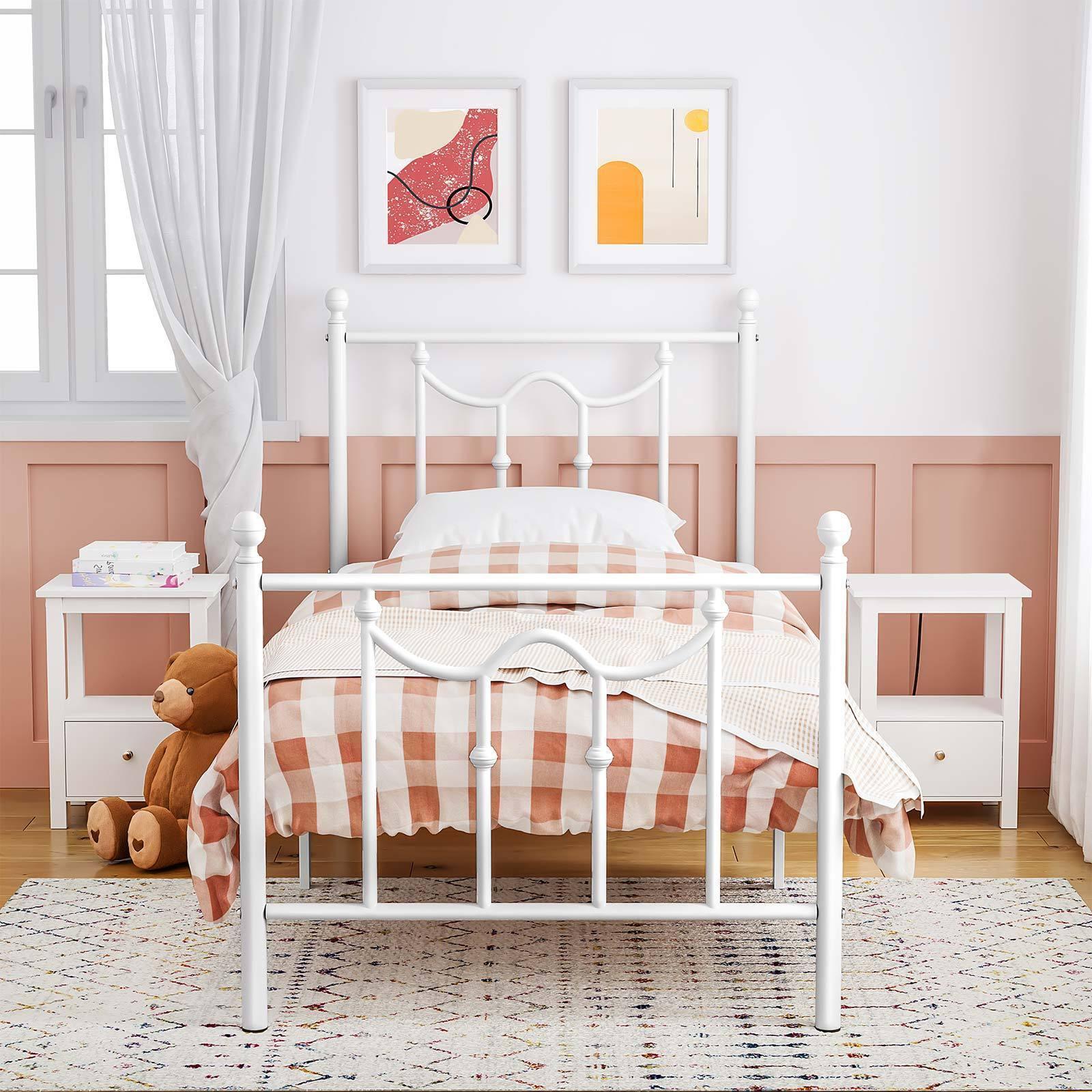Twin Size Metal Bed Frame with Headboard White FredCo