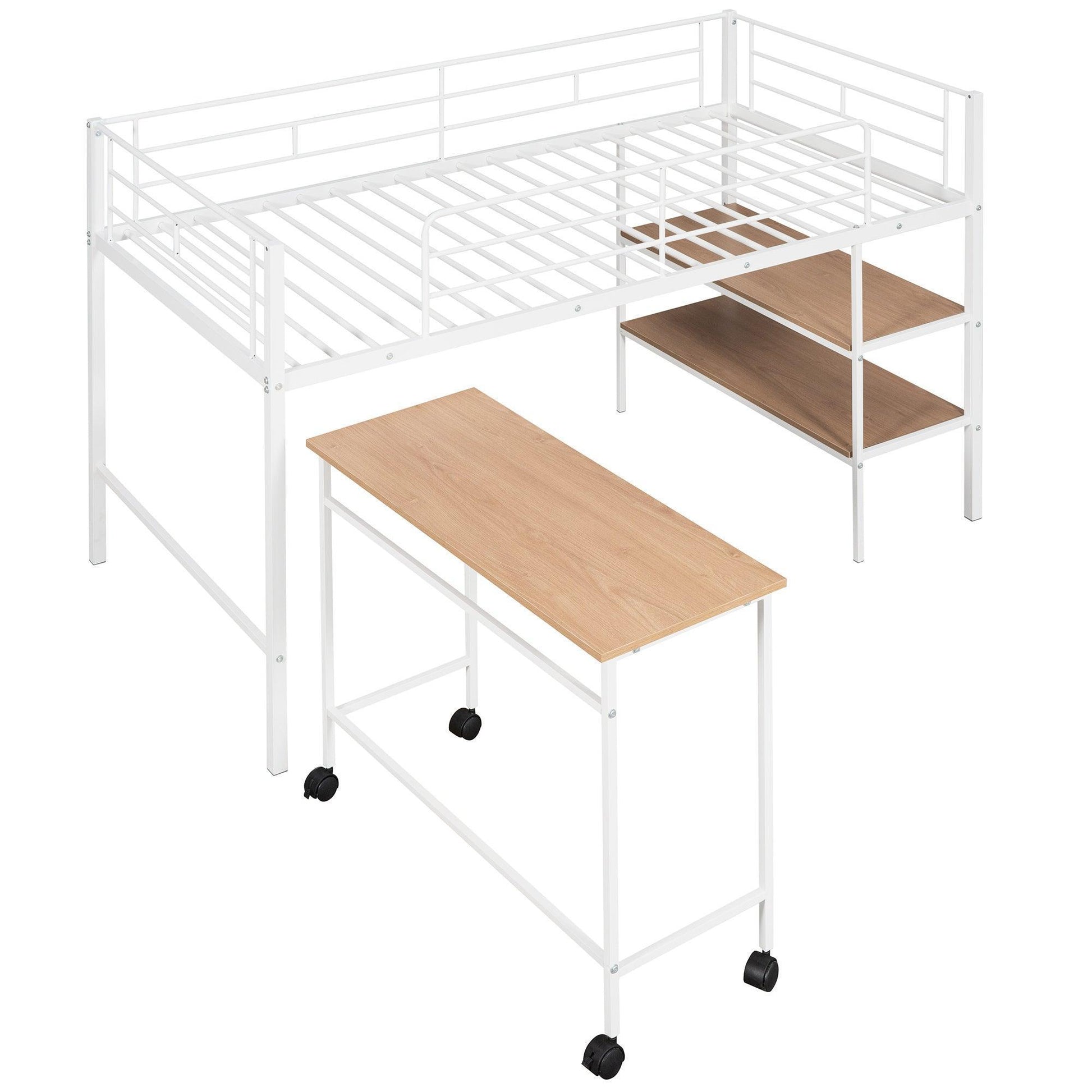Twin Size Metal Loft Bed with Desk and Shelves,White MF292498AAK FredCo