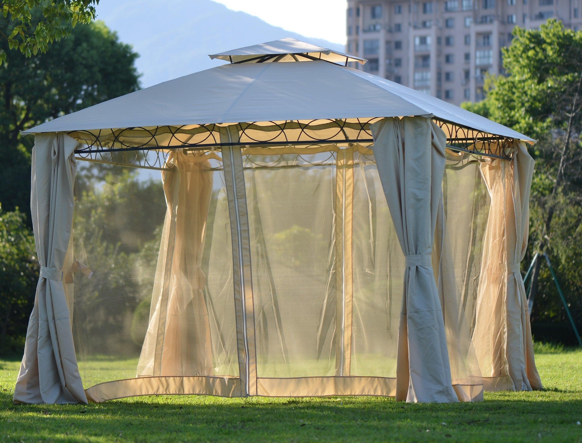 U_STYLE Quality Double Tiered Grill Canopy, Outdoor BBQ Gazebo Tent with UV Protection, Beige FredCo