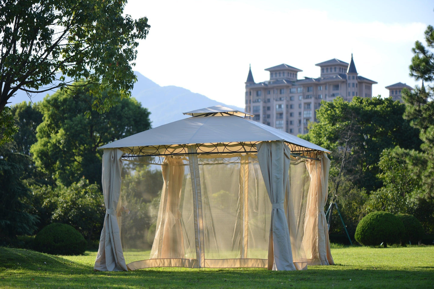 U_STYLE Quality Double Tiered Grill Canopy, Outdoor BBQ Gazebo Tent with UV Protection, Beige FredCo