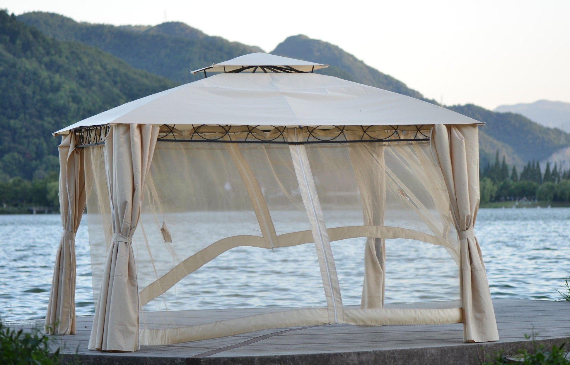 U_STYLE Quality Double Tiered Grill Canopy, Outdoor BBQ Gazebo Tent with UV Protection, Beige FredCo