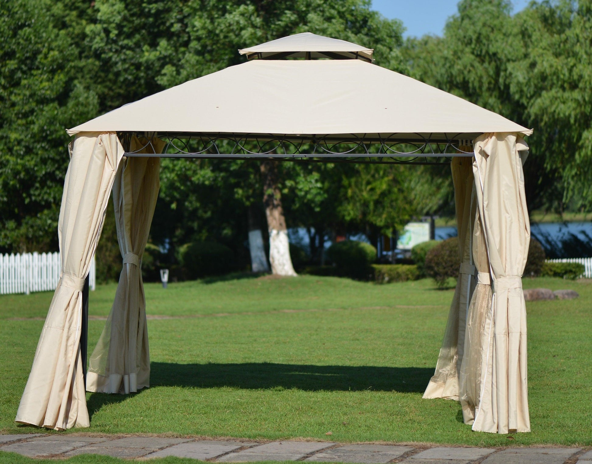 U_STYLE Quality Double Tiered Grill Canopy, Outdoor BBQ Gazebo Tent with UV Protection, Beige FredCo