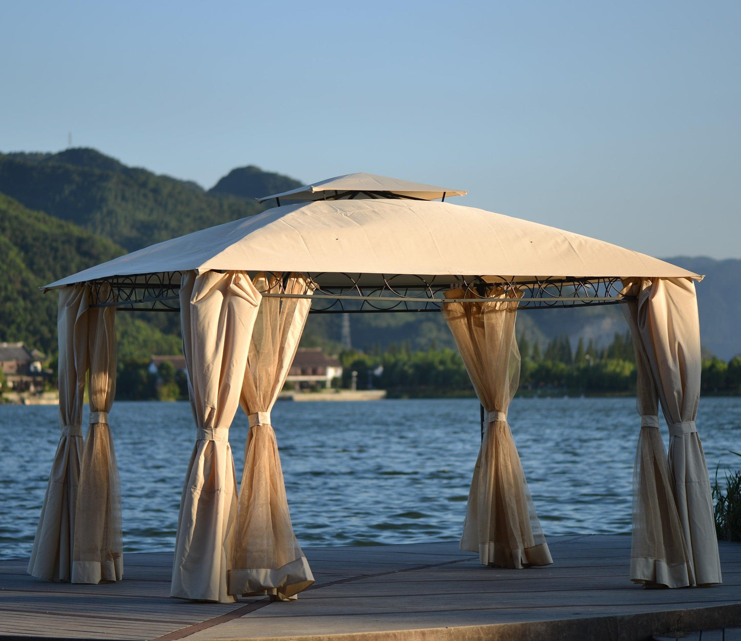 U_STYLE Quality Double Tiered Grill Canopy, Outdoor BBQ Gazebo Tent with UV Protection, Beige FredCo