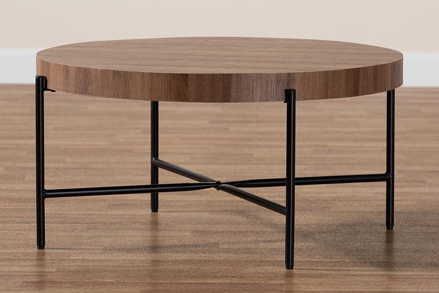 Umar Modern Industrial Walnut Brown Finished Wood and Black Metal Coffee Table FredCo