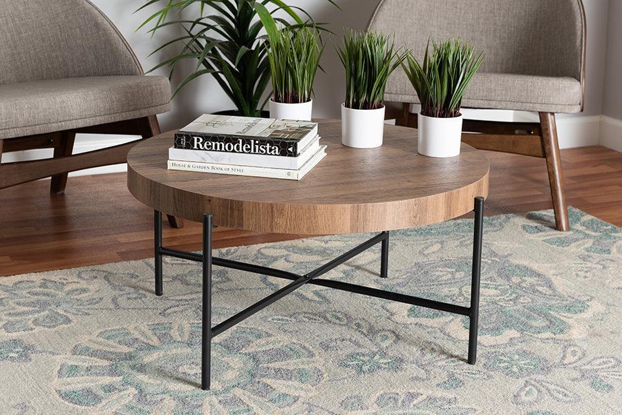 Umar Modern Industrial Walnut Brown Finished Wood and Black Metal Coffee Table FredCo