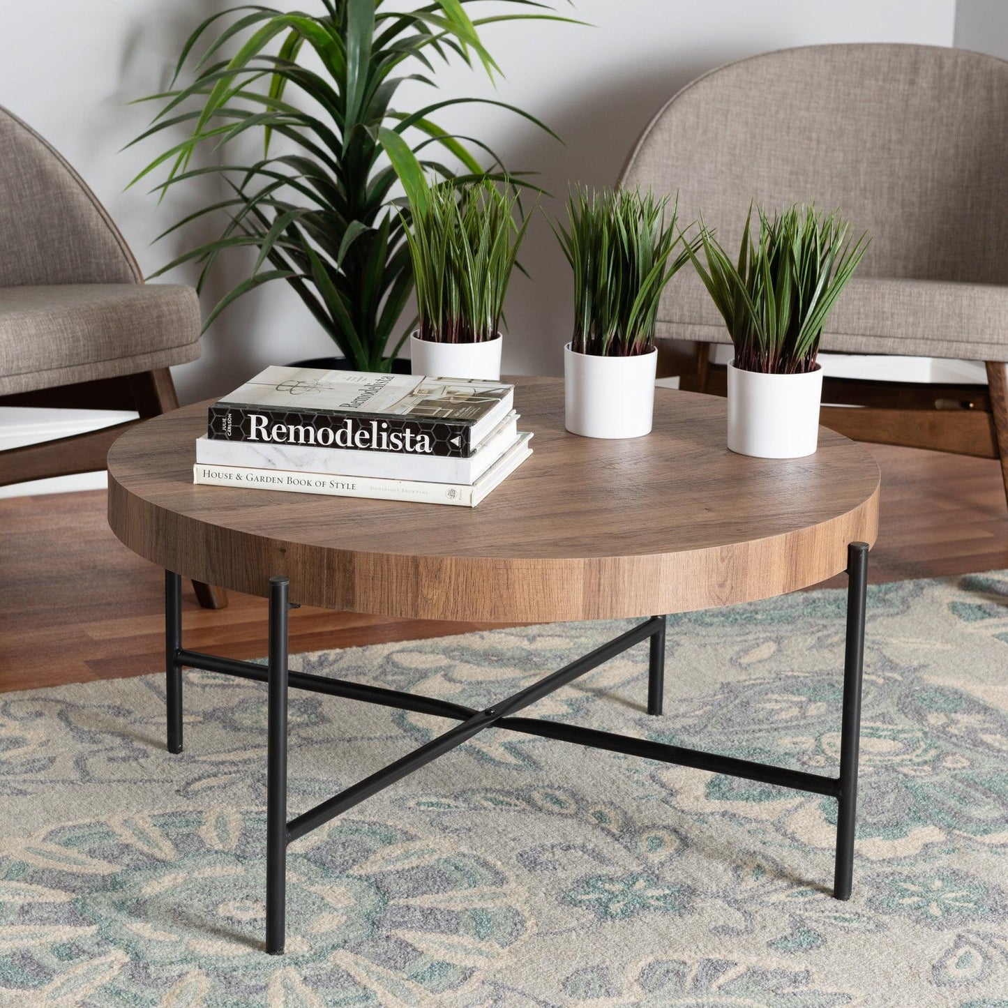 Umar Modern Industrial Walnut Brown Finished Wood and Black Metal Coffee Table FredCo