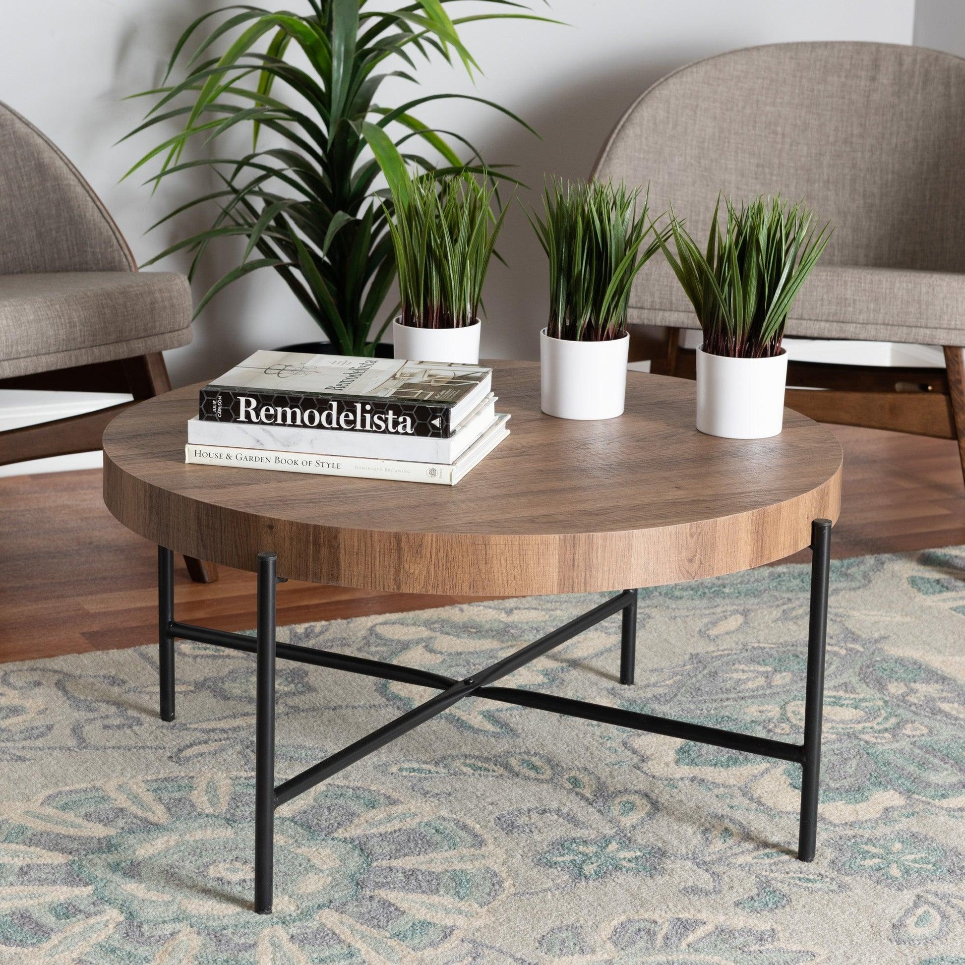 Umar Modern Industrial Walnut Brown Finished Wood and Black Metal Coffee Table FredCo