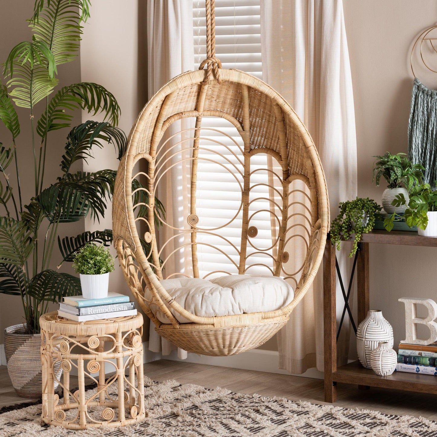 Umika Modern Bohemian Natural Brown Rattan Hanging Chair FredCo