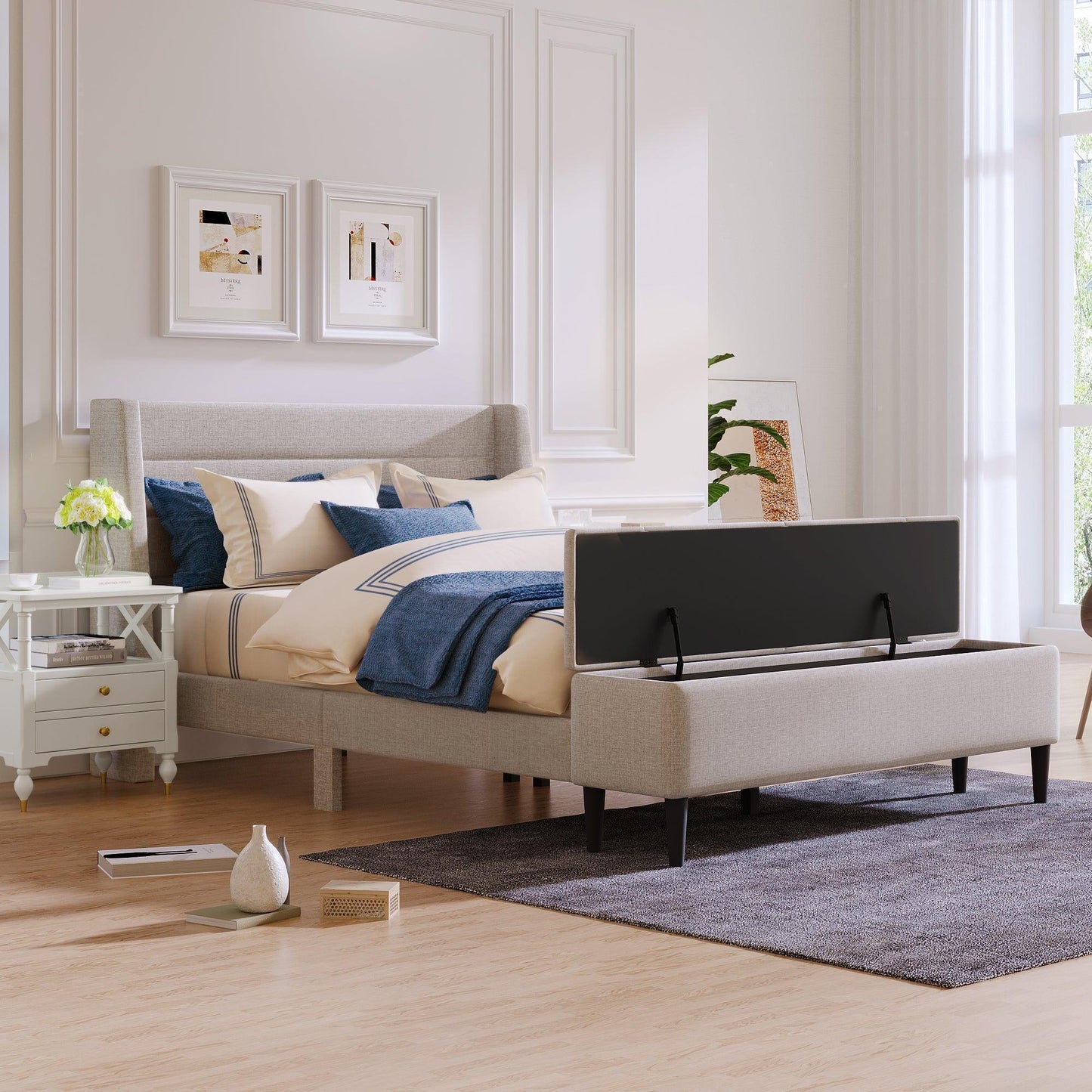 Upholstered Storage Bed Frame with Storage Ottoman Bench, Queen, Beige WF291879AAA FredCo