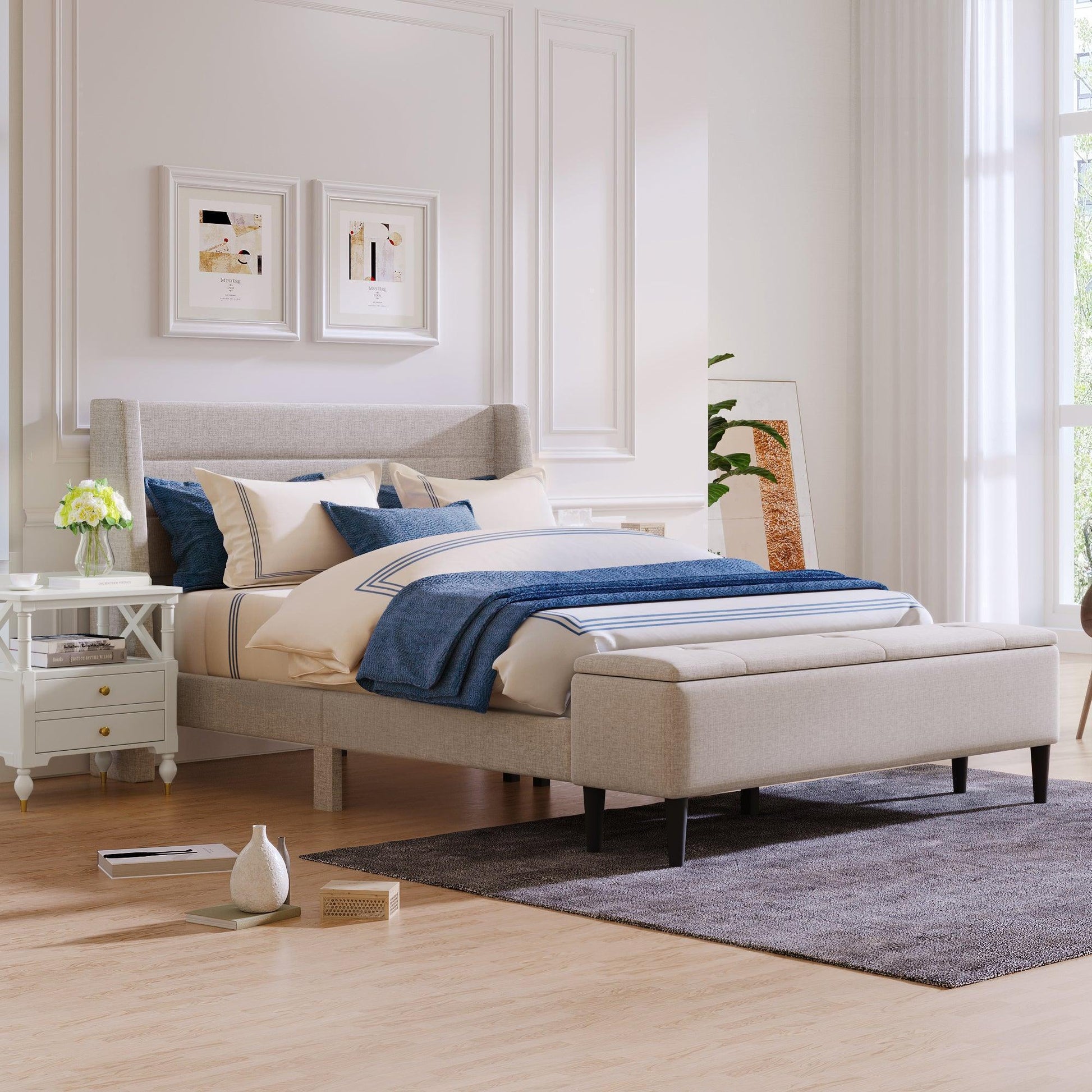 Upholstered Storage Bed Frame with Storage Ottoman Bench, Queen, Beige WF291879AAA FredCo