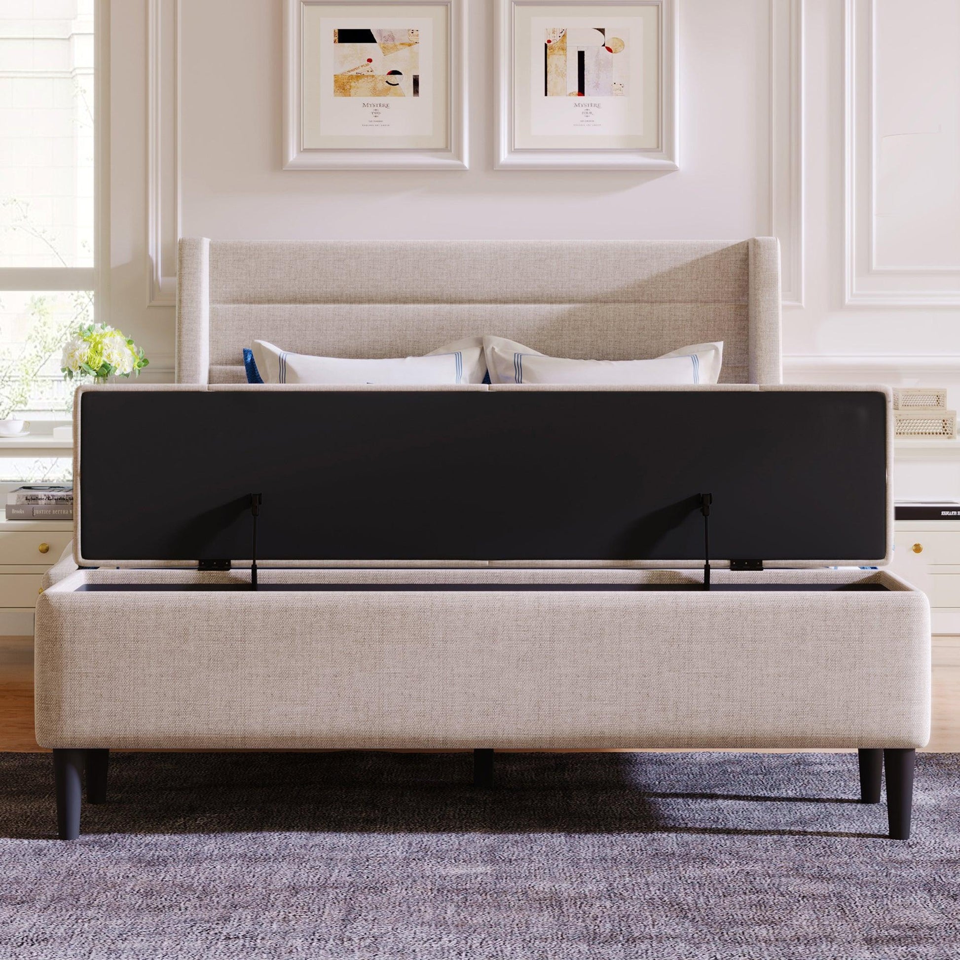 Upholstered Storage Bed Frame with Storage Ottoman Bench, Queen, Beige WF291879AAA FredCo