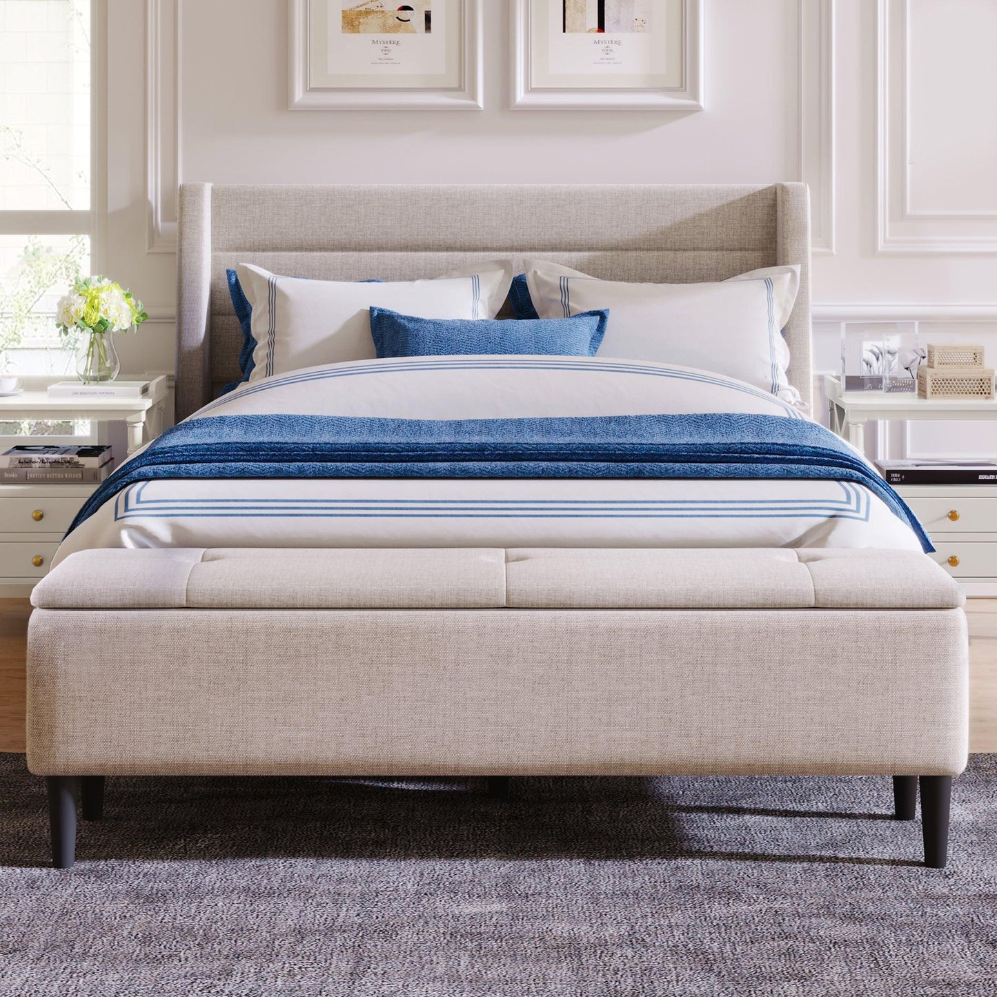 Upholstered Storage Bed Frame with Storage Ottoman Bench, Queen, Beige WF291879AAA FredCo