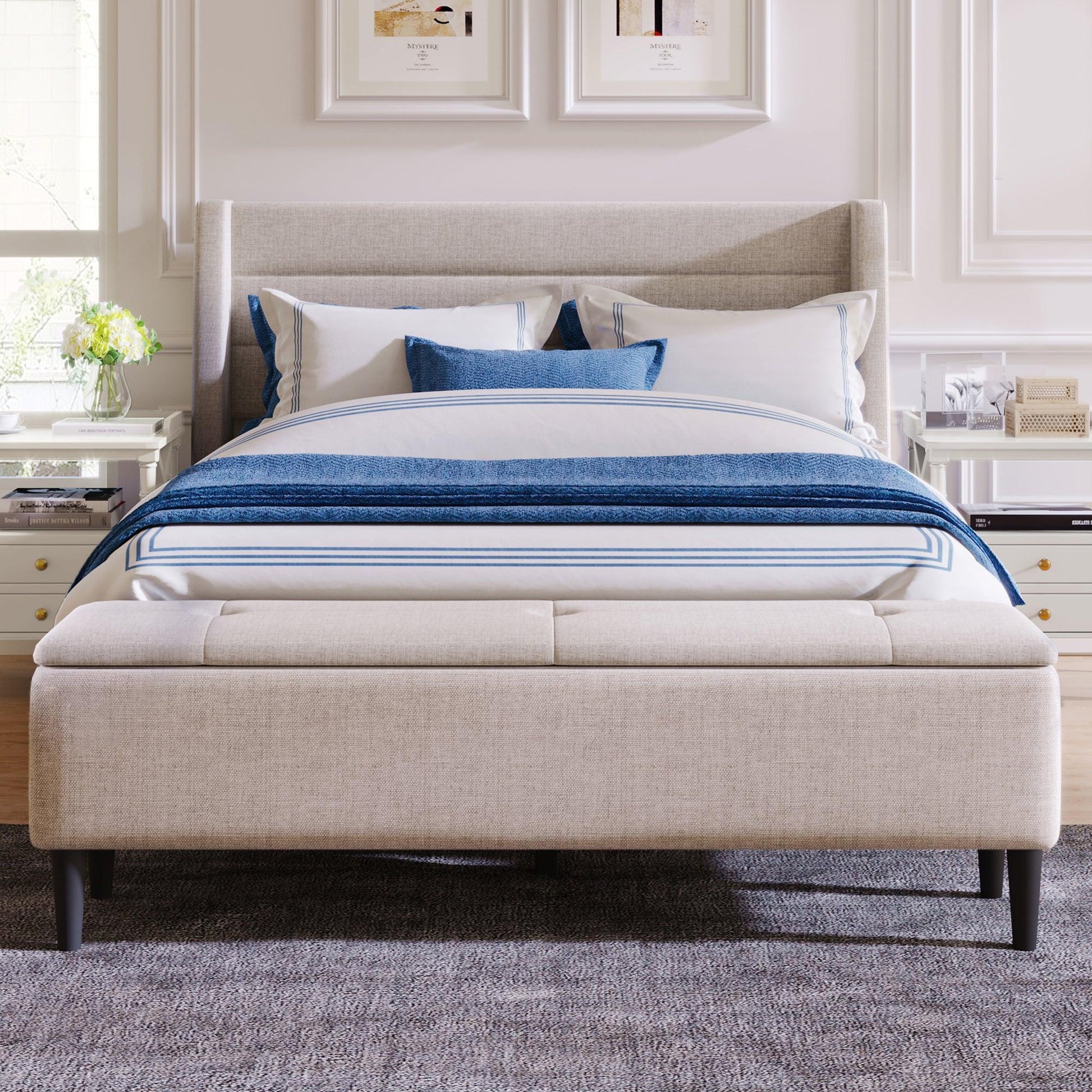 Upholstered Storage Bed Frame with Storage Ottoman Bench, Queen, Beige WF291879AAA FredCo