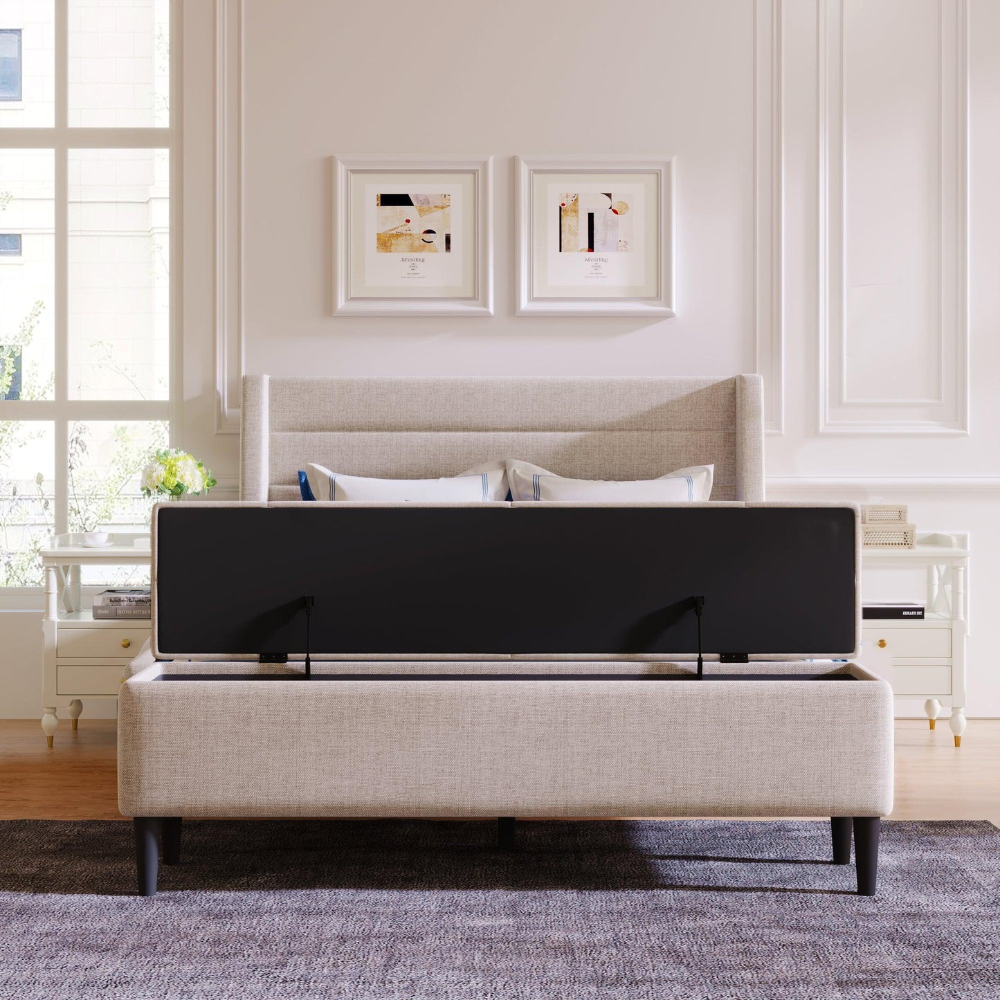 Upholstered Storage Bed Frame with Storage Ottoman Bench, Queen, Beige WF291879AAA FredCo