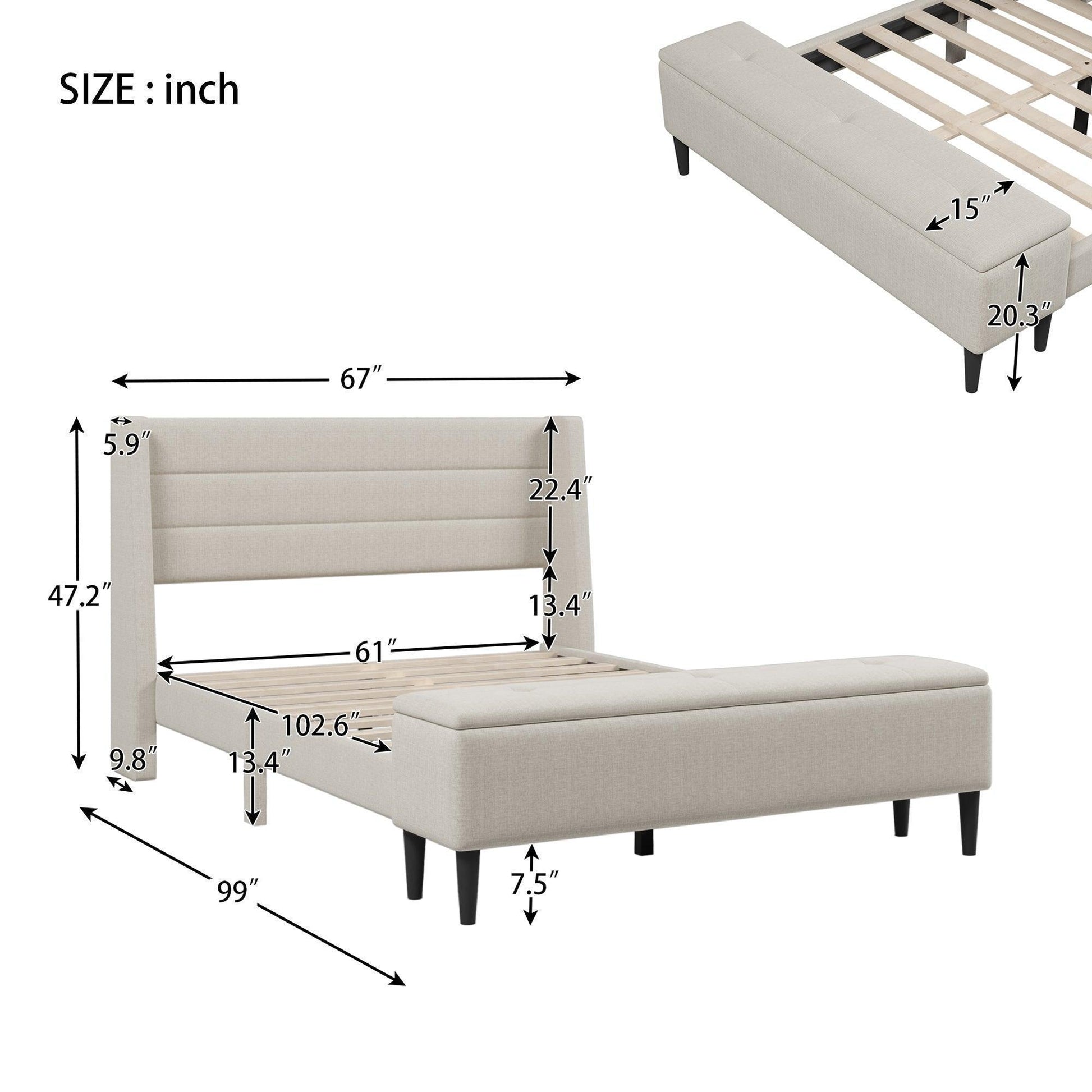 Upholstered Storage Bed Frame with Storage Ottoman Bench, Queen, Beige WF291879AAA FredCo