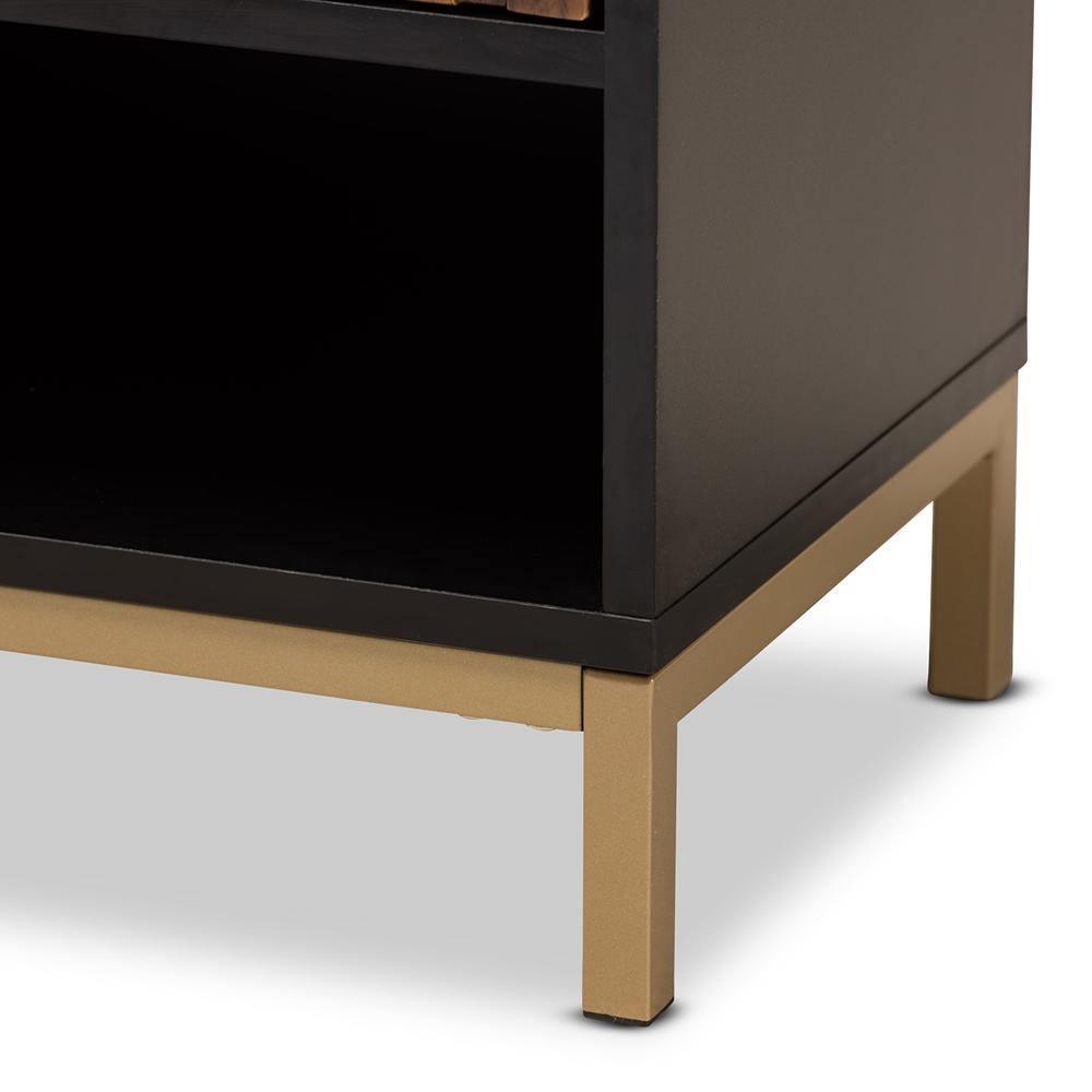 Uriel Mid-Century Modern Transitional Two-Tone Natural Brown and Black Finished Wood and Brushed Gold Metal 1-Drawer Nightstand FredCo