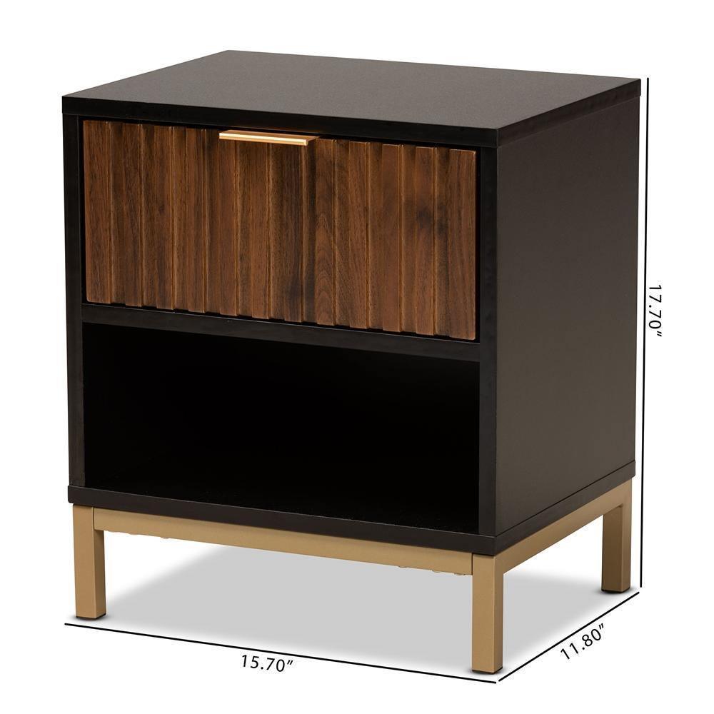 Uriel Mid-Century Modern Transitional Two-Tone Natural Brown and Black Finished Wood and Brushed Gold Metal 1-Drawer Nightstand FredCo