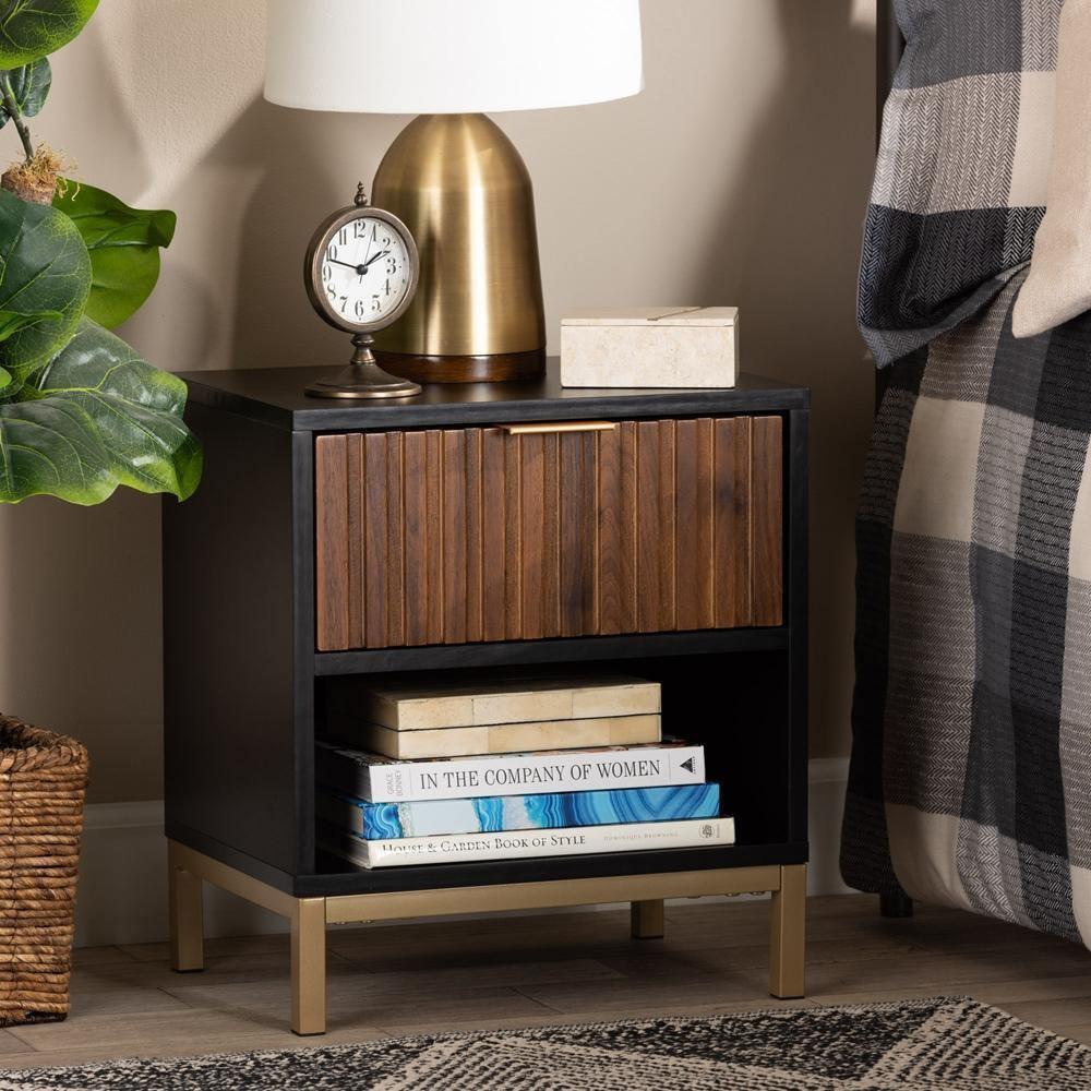 Uriel Mid-Century Modern Transitional Two-Tone Natural Brown and Black Finished Wood and Brushed Gold Metal 1-Drawer Nightstand FredCo