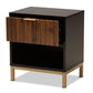 Uriel Mid-Century Modern Transitional Two-Tone Natural Brown and Black Finished Wood and Brushed Gold Metal 1-Drawer Nightstand FredCo