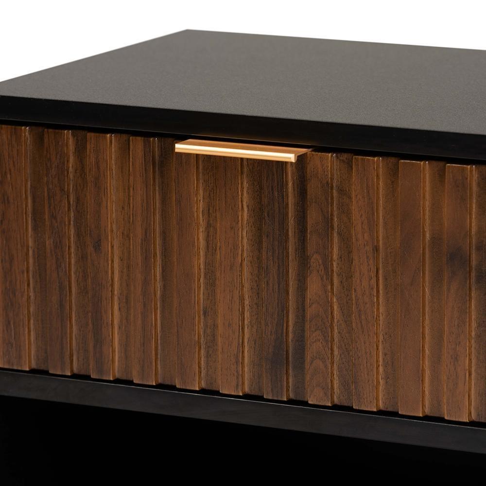 Uriel Mid-Century Modern Transitional Two-Tone Natural Brown and Black Finished Wood and Brushed Gold Metal 1-Drawer Nightstand FredCo