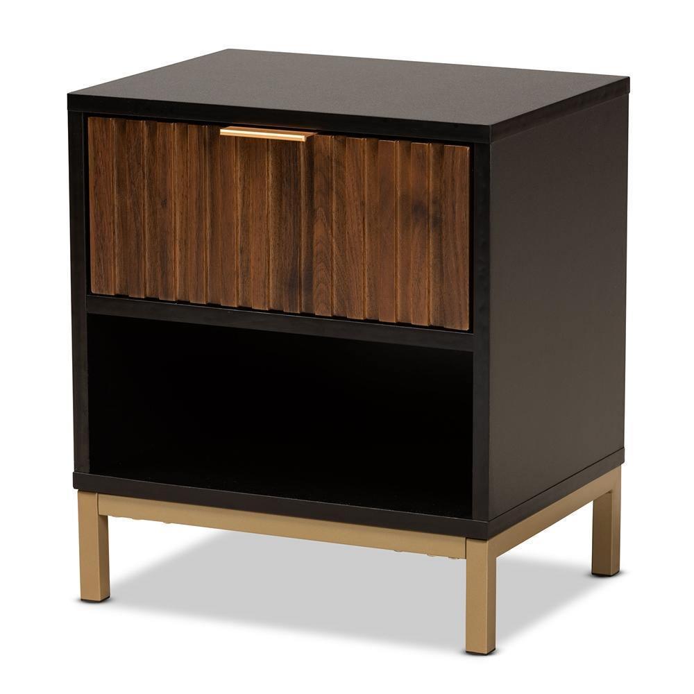 Uriel Mid-Century Modern Transitional Two-Tone Natural Brown and Black Finished Wood and Brushed Gold Metal 1-Drawer Nightstand FredCo