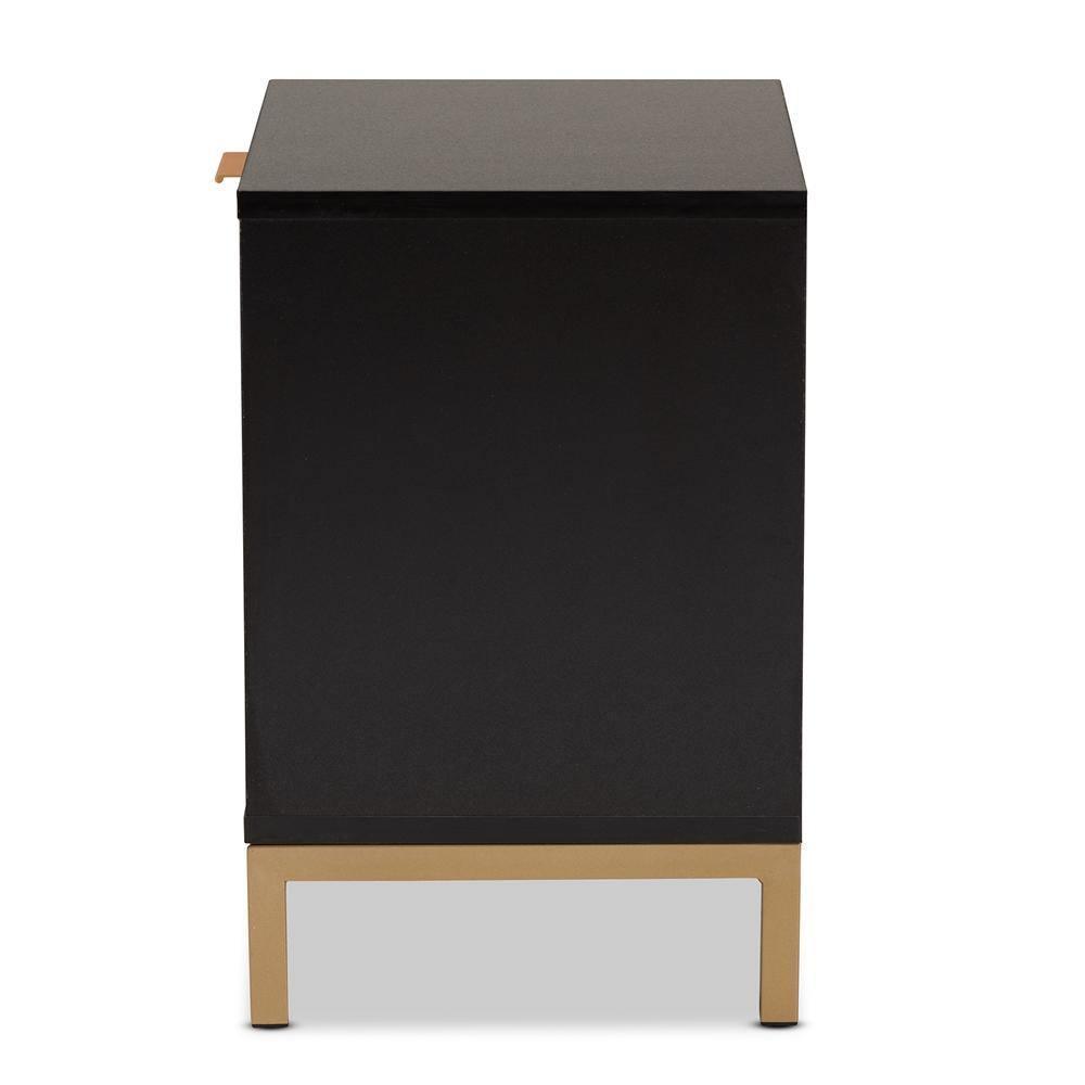 Uriel Mid-Century Modern Transitional Two-Tone Natural Brown and Black Finished Wood and Brushed Gold Metal 1-Drawer Nightstand FredCo