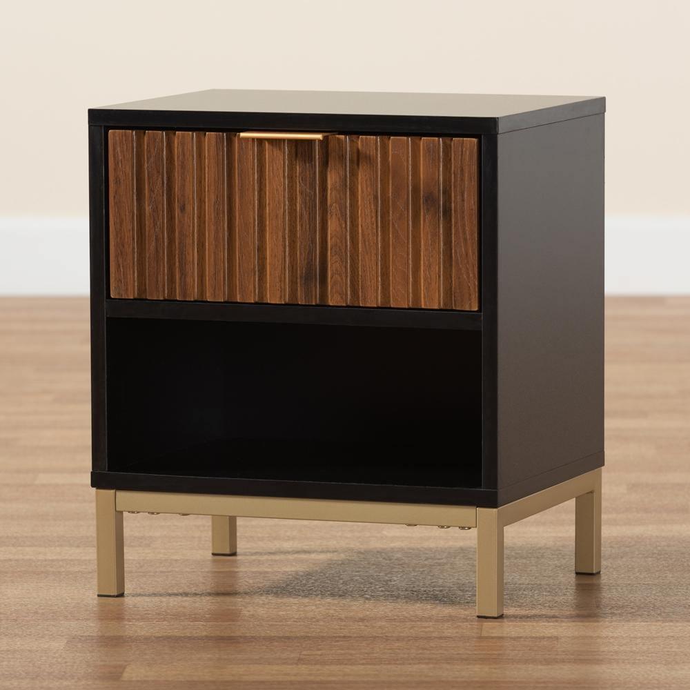 Uriel Mid-Century Modern Transitional Two-Tone Natural Brown and Black Finished Wood and Brushed Gold Metal 1-Drawer Nightstand FredCo