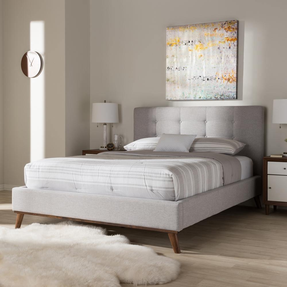 Valencia Mid-Century Modern Greyish Beige Fabric Queen Size Platform Bed FredCo
