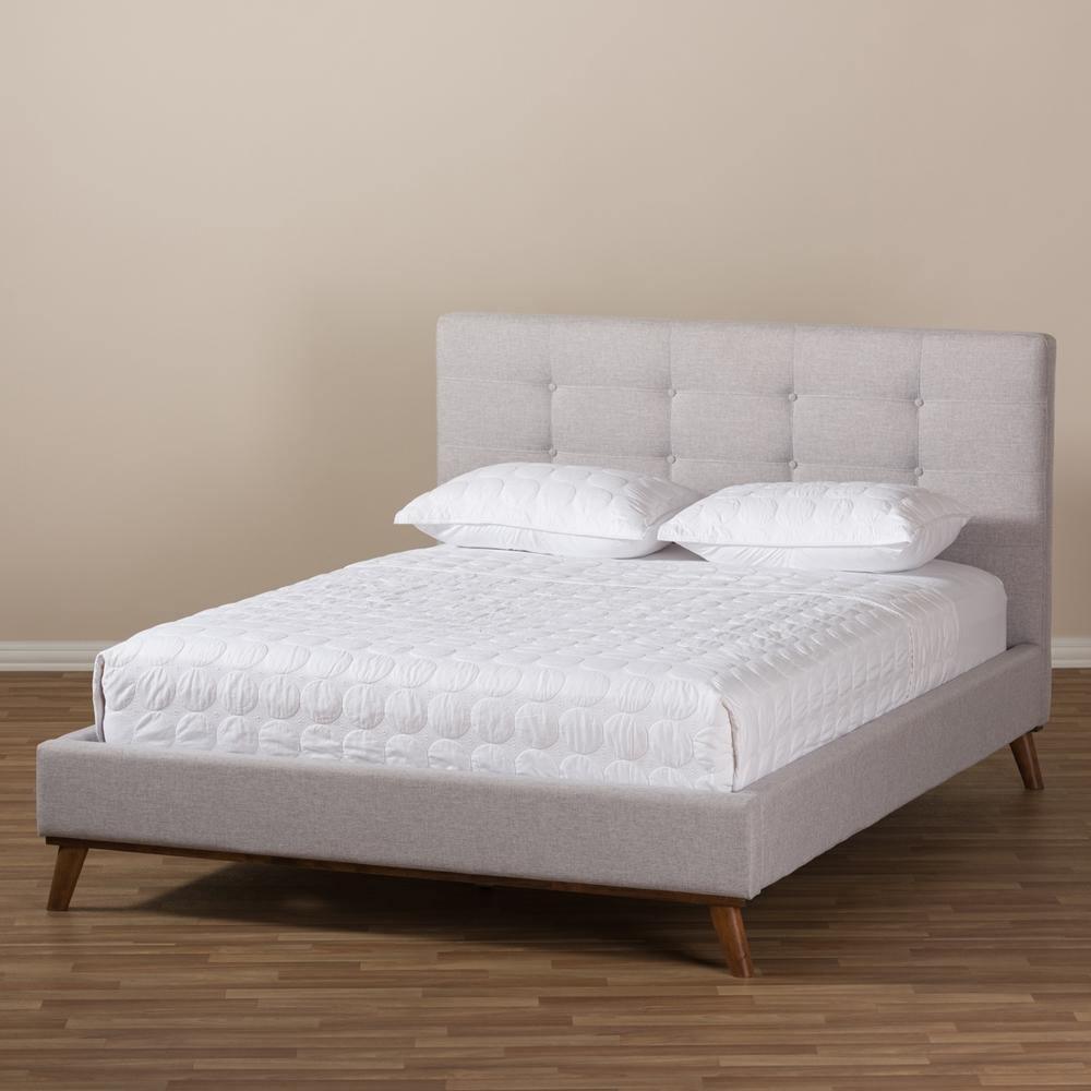 Valencia Mid-Century Modern Greyish Beige Fabric Queen Size Platform Bed FredCo