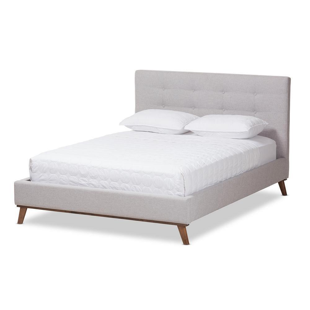 Valencia Mid-Century Modern Greyish Beige Fabric Queen Size Platform Bed FredCo