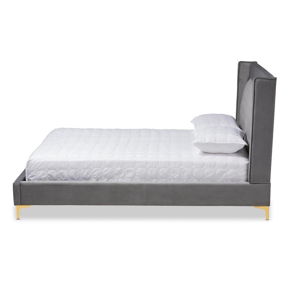 Valery Modern and Contemporary Dark Gray Velvet Fabric Upholstered King Size Platform Bed with Gold-Finished Legs FredCo