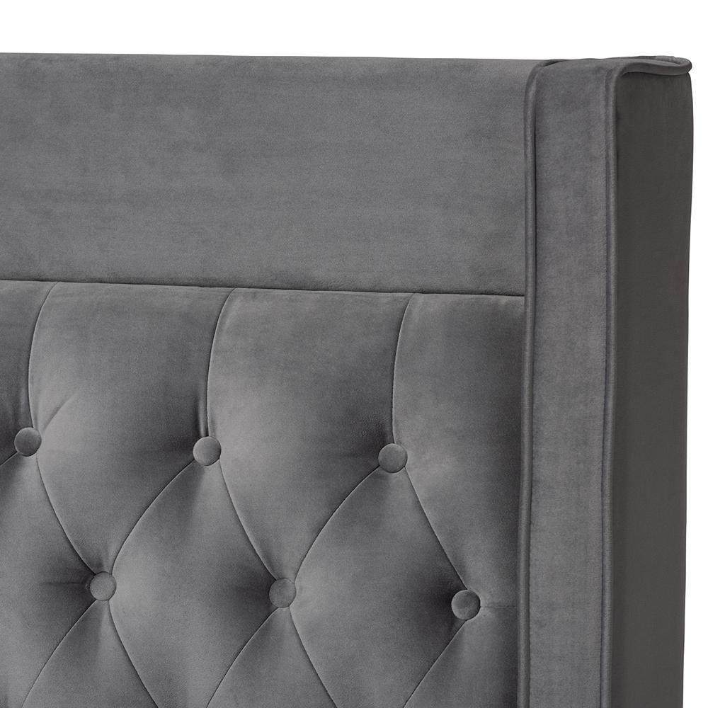 Valery Modern and Contemporary Dark Gray Velvet Fabric Upholstered King Size Platform Bed with Gold-Finished Legs FredCo
