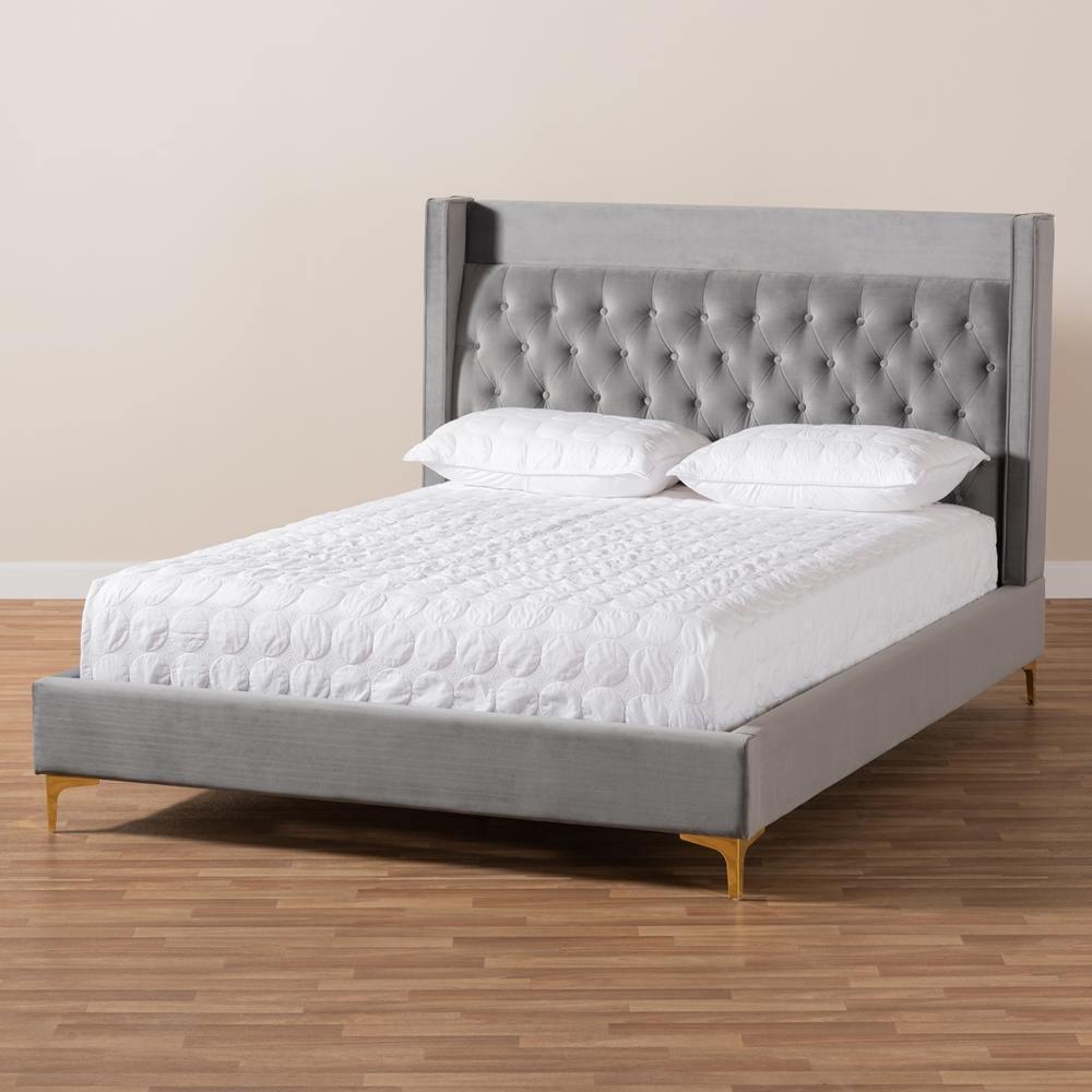 Valery Modern and Contemporary Dark Gray Velvet Fabric Upholstered King Size Platform Bed with Gold-Finished Legs FredCo