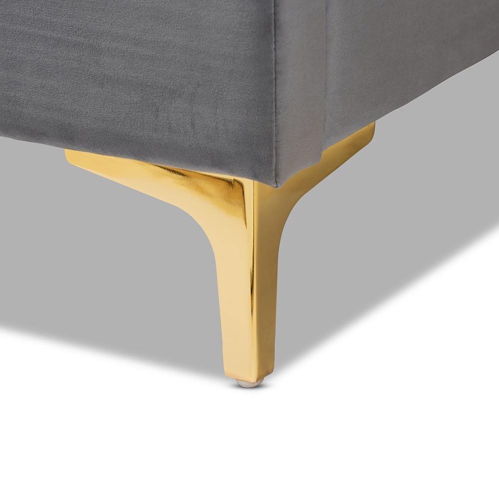 Valery Modern and Contemporary Dark Gray Velvet Fabric Upholstered King Size Platform Bed with Gold-Finished Legs FredCo