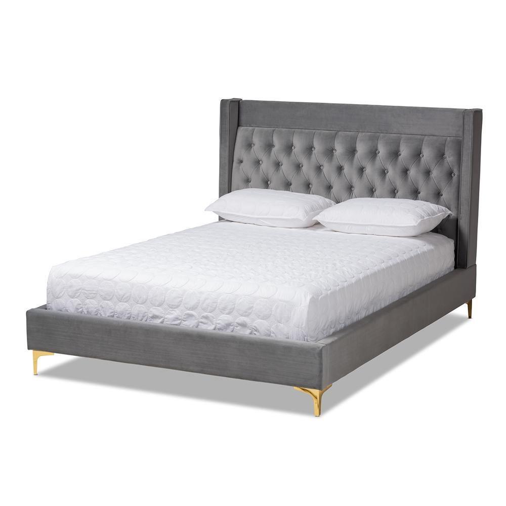 Valery Modern and Contemporary Dark Gray Velvet Fabric Upholstered Queen Size Platform Bed with Gold-Finished Legs FredCo
