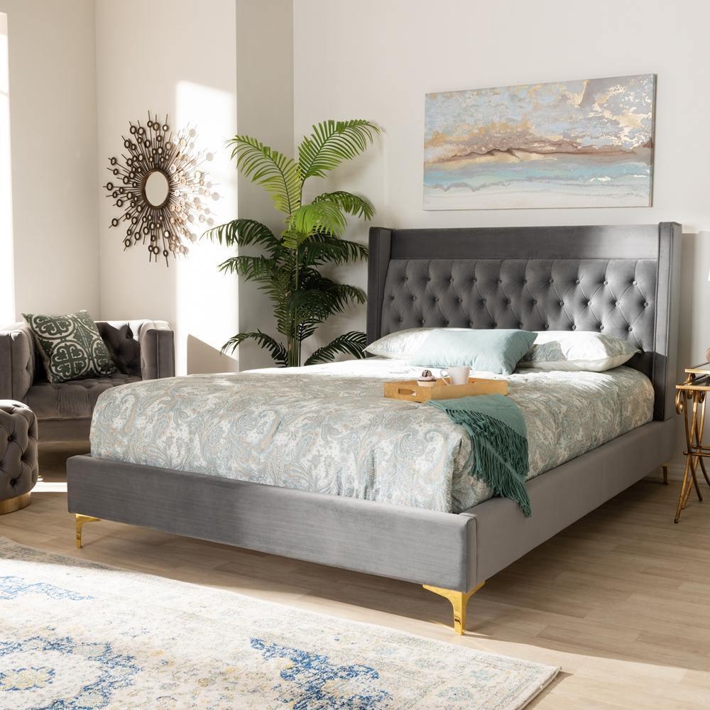 Valery Modern and Contemporary Dark Gray Velvet Fabric Upholstered Queen Size Platform Bed with Gold-Finished Legs FredCo
